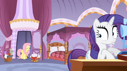 Size: 1365x768 | Tagged: safe, screencap, fluttershy, rarity, pegasus, pony, unicorn, g4, my little pony: friendship is magic, stare master, basket, faic, female, looking back, rarity's bedroom, shrunken pupils