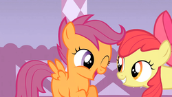 Size: 1365x768 | Tagged: safe, screencap, apple bloom, scootaloo, g4, my little pony: friendship is magic, stare master