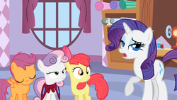 Size: 1365x768 | Tagged: safe, screencap, apple bloom, rarity, scootaloo, sweetie belle, earth pony, pegasus, pony, unicorn, g4, stare master, cape, carousel boutique, clothes, cmc cape, cutie mark crusaders, female, filly, mare