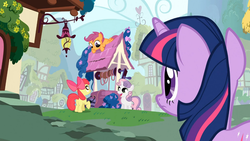 Size: 1365x768 | Tagged: safe, screencap, apple bloom, scootaloo, sweetie belle, twilight sparkle, g4, stare master, cutie mark crusaders