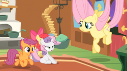 Size: 1365x768 | Tagged: safe, screencap, apple bloom, fluttershy, scootaloo, sweetie belle, g4, stare master, cutie mark crusaders