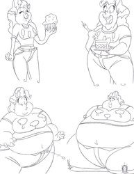 Size: 2525x3278 | Tagged: safe, artist:catstuxedo, pinkie pie, human, g4, button popping, cake, fat, high res, humanized, immobile, monochrome, morbidly obese, muffin, obese, piggy pie, pudgy pie, weight gain