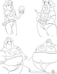 Size: 2525x3278 | Tagged: safe, artist:catstuxedo, pinkie pie, human, button popping, cake, fat, humanized, immobile, monochrome, morbidly obese, muffin, obese, piggy pie, pudgy pie, weight gain