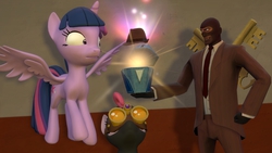 Size: 1366x768 | Tagged: safe, artist:fezwearingdoctor, pinkie pie, twilight sparkle, alicorn, pony, g4, princess twilight sparkle (episode), 3d, chest of harmony, female, gmod, hat, key, mare, pinkie spy, spy, spy (tf2), team fortress 2, twilight sparkle (alicorn), unusual hat, valve logic