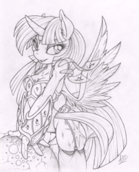 Size: 807x1000 | Tagged: safe, artist:dfectivedvice, twilight sparkle, anthro, g4, armor, bedroom eyes, breasts, cleavage, clothes, curved horn, female, fluffy, garter belt, garters, grayscale, grin, headdress, horn, lineart, magic, monochrome, smiling, solo, spread wings, stockings, tail wrap, thigh highs, traditional art, twilight sparkle (alicorn)