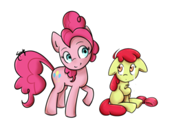 Size: 1024x764 | Tagged: safe, artist:midnightpremiere, apple bloom, pinkie pie, earth pony, pony, g4, crying, duo, female, filly, looking at each other, mare, mood contrast, simple background, smiling, transparent background