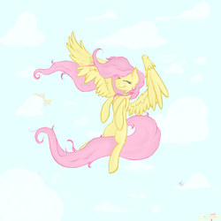 Size: 2000x2000 | Tagged: safe, artist:kibastar521, derpy hooves, fluttershy, pegasus, pony, g4, cloud, cloudy, female, flying, high res, mare