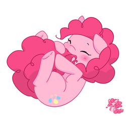 Size: 2105x1927 | Tagged: safe, artist:yukandasama, pinkie pie, earth pony, pony, g4, blushing, cute, diapinkes, eyes closed, female, nom, pixiv, simple background, solo, tail, tail bite, weapons-grade cute, white background