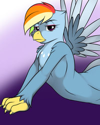 Size: 1200x1500 | Tagged: safe, artist:kloudmutt, rainbow dash, griffon, anthro, g4, bedroom eyes, female, griffonized, lidded eyes, magenta eyes, pecs, rainbow dash is not amused, rainbow griffon, solo, species swap, sultry pose, unamused