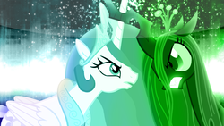 Size: 1920x1080 | Tagged: safe, artist:cr4zyppl, artist:presstoshoot, princess celestia, queen chrysalis, alicorn, changeling, changeling queen, pony, g4, crown, duo, face to face, female, glowing, jewelry, regalia, shit just got real, vector, wallpaper