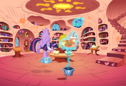 Size: 1280x875 | Tagged: safe, twilight sparkle, alicorn, pony, g4, princess twilight sparkle (episode), chest of harmony, crowbar, female, food, hay burger, library, mare, solo, twilight sparkle (alicorn)