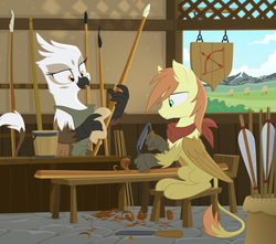 Size: 2600x2300 | Tagged: safe, artist:equestria-prevails, oc, oc only, oc:overdraw, griffon, hippogriff, hybrid, apron, archery, arrow, bandana, bow (weapon), bowyer, bucket, clothes, drawknife, duo, female, file, fletcher, griffon oc, male, smiling, spear, target, tools, weapon, weaponsmithing, wood shavings, woodwork, woodworking, workbench