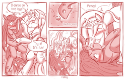 Size: 800x499 | Tagged: safe, artist:vavacung, princess celestia, queen chrysalis, alicorn, changeling, changeling queen, pony, comic:when villain win, g4, accidental shipping, alternate universe, awkward, bipedal, blushing, comic, dancing, embarrassed, female, lesbian, monochrome, ship:chryslestia, shipping, tripping