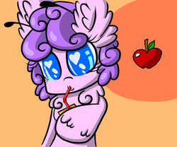 Size: 3600x3000 | Tagged: safe, artist:flowertartanon, oc, oc only, oc:flowertart, mothpony, original species, abstract background, apple, food, heart eyes, high res, juice, juice box, solo, wingding eyes