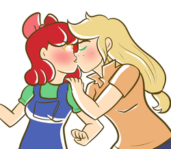 Size: 1000x872 | Tagged: safe, artist:php52, apple bloom, applejack, human, g4, applecest, blushing, bushy brows, duo, female, humanized, incest, kissing, lesbian, older, ship:bloomjack, shipping, thick eyebrows