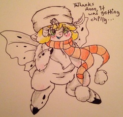 Size: 2048x1948 | Tagged: safe, artist:buttersketch, oc, oc only, oc:anon, oc:butterscotch, mothpony, original species, clothes, floppy ears, scarf, traditional art
