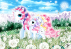 Size: 794x556 | Tagged: safe, artist:marco albiero, baby moondancer, moondancer (g1), pony, g1, duo, flower, meadow