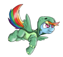 Size: 2200x2000 | Tagged: safe, artist:timsplosion, rainbow dash, tank, pegasus, pony, tortoise, animal costume, catchlights, clothes, costume, cute, female, flying, kigurumi, no pupils, simple background, solo, transparent background