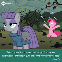 Size: 548x549 | Tagged: safe, edit, edited screencap, screencap, maud pie, pinkie pie, earth pony, pony, g4, maud pie (episode), anhedonia, caption, confetti, duo, emotion, female, flat affect, hub logo, mare, maud being maud, pinkie being pinkie, rock farm, siblings, sisters, the hub