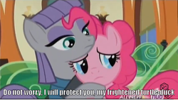 Size: 647x364 | Tagged: safe, edit, edited screencap, screencap, maud pie, pinkie pie, g4, maud pie (episode), my little pony: friendship is magic, caption, eska, hug, image macro, meme, the legend of korra