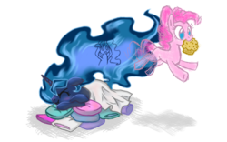 Size: 800x500 | Tagged: safe, artist:xilenobody143, pinkie pie, princess luna, g4, angry, blanket, blushing, cute, d:, dream, dream walker luna, eyes closed, floppy ears, frown, inception, jumping, mouth hold, muffin, nom, pillow, ponk, prone, scrunchy face, simple background, sleeping, smiling, stealing, transparent background, wat