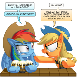 Size: 1000x1000 | Tagged: safe, artist:berrypawnch, applejack, rainbow dash, earth pony, pegasus, pony, .mov, g4, 10 seconds flat, 20% cooler, accent, applejack's hat, ashleigh ball, cider, cowboy hat, dialogue, duo, female, hat, mare, personality swap, role reversal, that pony sure does love cider, voice actor joke, y'all