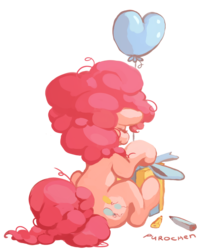 Size: 900x1107 | Tagged: dead source, safe, artist:purochen, pinkie pie, earth pony, pony, g4, 30 minute art challenge, balloon, behind, female, present, sitting, solo
