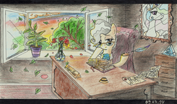 Size: 1741x1025 | Tagged: safe, artist:7yashka7, artist:synch-anon, mayor mare, princess celestia, g4, desk, office, quill, traditional art