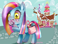 Size: 1032x774 | Tagged: safe, artist:rubypm, pinkie pie, oc, oc:dolly flash, g4, candy, food, lollipop, solo