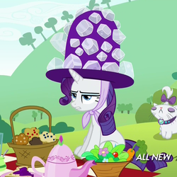 Size: 1000x1000 | Tagged: safe, screencap, opalescence, rarity, pony, g4, maud pie (episode), female, giant hat, hat, hub logo, hubble, picnic, solo, the hub