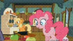 Size: 451x253 | Tagged: safe, screencap, applejack, pinkie pie, earth pony, pony, g4, maud pie (episode), season 4, animated, apple, cooking, dust cloud, female, food, how, hub logo, mare, pinkie being pinkie, pinkie physics, teleportation