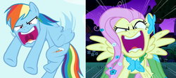 Size: 1602x719 | Tagged: safe, edit, edited screencap, screencap, fluttershy, rainbow dash, pegasus, pony, g4, maud pie (episode), the best night ever, collage, comparison, cropped, duo, faic, female, flutterrage, mare, meme, open mouth, raging dash, you're going to love me