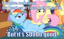 Size: 490x300 | Tagged: safe, edit, edited screencap, screencap, applejack, fluttershy, rainbow dash, earth pony, pegasus, pony, g4, maud pie (episode), caption, cropped, cute, dashabetes, family guy, female, freckles, image macro, male, mare, meme, reference, rock candy, round belly, stuffed, stuffed belly, text