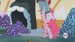 Size: 1280x720 | Tagged: safe, screencap, pinkie pie, earth pony, pony, g4, maud pie (episode), belly, bipedal, candy, chugging, eating, female, food, hub logo, hubble, rearing, rock candy, solo, stuffing, trash can