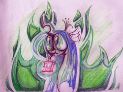 Size: 1965x1474 | Tagged: safe, artist:epicblueface22, queen chrysalis, changeling, changeling queen, g4, crown, female, jewelry, juice box, regalia, solo