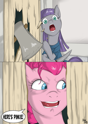 Size: 1200x1693 | Tagged: safe, artist:brainsucks, maud pie, pinkie pie, earth pony, pony, g4, axe, female, here's johnny, insanity, knife, mare, open mouth, parody, smiling, the shining, wide eyes