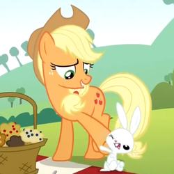 Size: 550x550 | Tagged: safe, screencap, angel bunny, applejack, g4, maud pie (episode), apple spice muffins, basket, lip bite, muffin