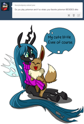 Size: 1280x1877 | Tagged: safe, artist:jokerpony, queen chrysalis, eevee, ask teen chrysalis, g4, clothes, crossover, pokémon, sweater, tumblr, turtleneck