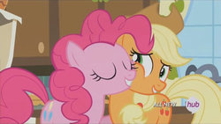 Size: 1280x720 | Tagged: safe, screencap, applejack, pinkie pie, pony, g4, maud pie (episode), hub logo, hubble