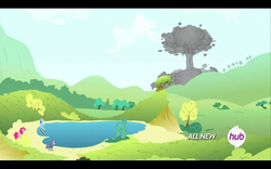 Size: 1680x1050 | Tagged: safe, screencap, maud pie, pinkie pie, rainbow dash, g4, maud pie (episode), hub logo, mushroom cloud