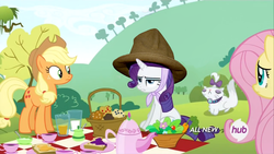 Size: 720x405 | Tagged: safe, edit, edited screencap, screencap, applejack, fluttershy, opalescence, rarity, g4, maud pie (episode), giant hat, hat, hub logo, pharrell williams