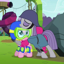 Size: 750x750 | Tagged: safe, screencap, maud pie, pinkie pie, earth pony, pony, g4, maud pie (episode), cute, duo, equestria's best big sister, helmet, hug, knee pads, love, neck nuzzle, nuzzling, pickelhaube, pinkierainbowraritwiapplefluttermaudfuntime, safety goggles