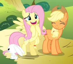 Size: 870x770 | Tagged: safe, screencap, angel bunny, applejack, fluttershy, g4, maud pie (episode), excited, happy, smiling