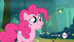 Size: 1440x810 | Tagged: safe, screencap, hummingway, pinkie pie, bird, earth pony, hummingbird, pony, g4, maud pie (episode), season 4, female, forest, hub logo, solo