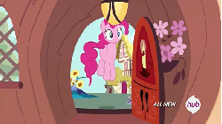 Size: 576x324 | Tagged: safe, screencap, pinkie pie, g4, maud pie (episode), season 4, animated, door, female, golden oaks library, hopping, hub logo, hubble, jumping, loop, pronking, solo, the hub