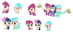 Size: 6840x3096 | Tagged: safe, artist:thecheeseburger, berry punch, berryshine, bon bon, lyra heartstrings, sweetie drops, human, g4, bon bon is not amused, cider, female, humanized, simple background, transparent background