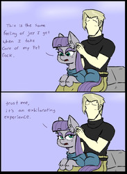 Size: 950x1300 | Tagged: safe, artist:ichibangravity, maud pie, oc, oc:anon, earth pony, human, pony, g4, maud pie (episode), clothes, comic, cute, dialogue, ear scratch, female, human male, implied boulder, male, mare, open mouth