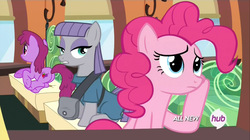 Size: 1280x717 | Tagged: safe, screencap, berry punch, berryshine, maud pie, pinkie pie, earth pony, pony, g4, maud pie (episode), all new, butt, female, hub logo, mare, plot, train