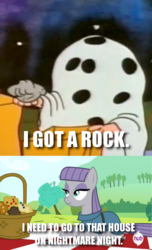 Size: 641x1051 | Tagged: safe, edit, edited screencap, screencap, maud pie, g4, maud pie (episode), caption, charlie brown, clothes, costume, female, halloween, i got a rock, image macro, it's the great pumpkin charlie brown!, meme, nightmare night, peanuts, solo