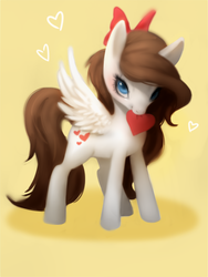 Size: 1280x1704 | Tagged: safe, artist:toycake, oc, oc only, pegasus, pony, bow, female, heart, mare, solo, valentine